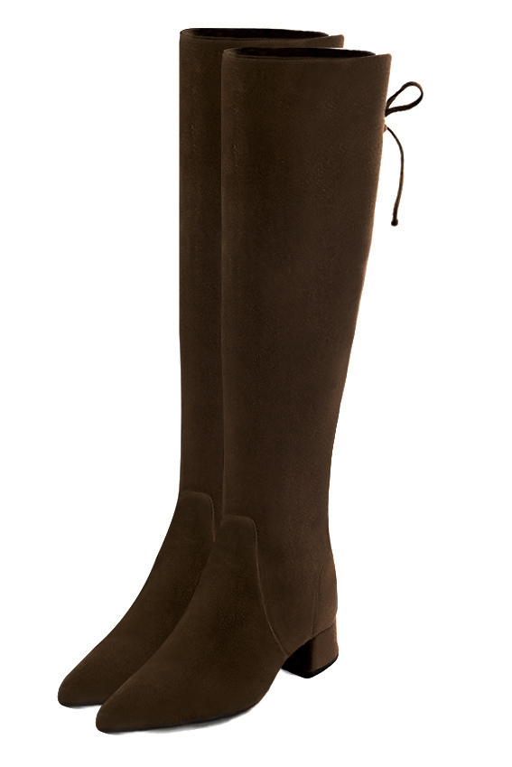 Dark brown women's knee-high boots, with laces at the back. Tapered toe. Low flare heels. Made to measure. Front view - Florence KOOIJMAN